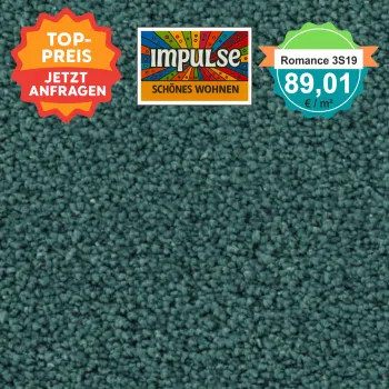 Teppichmuster mit Label „Impulse WOLFSBURG“ und Badge „Romance 3S19 – 89,91 €/m²“